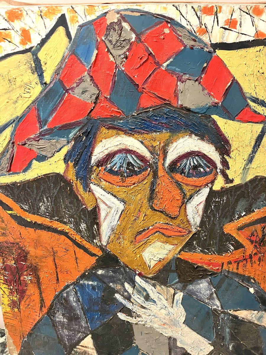 Caricature d'arlequin huile sur toile XXème-photo-3