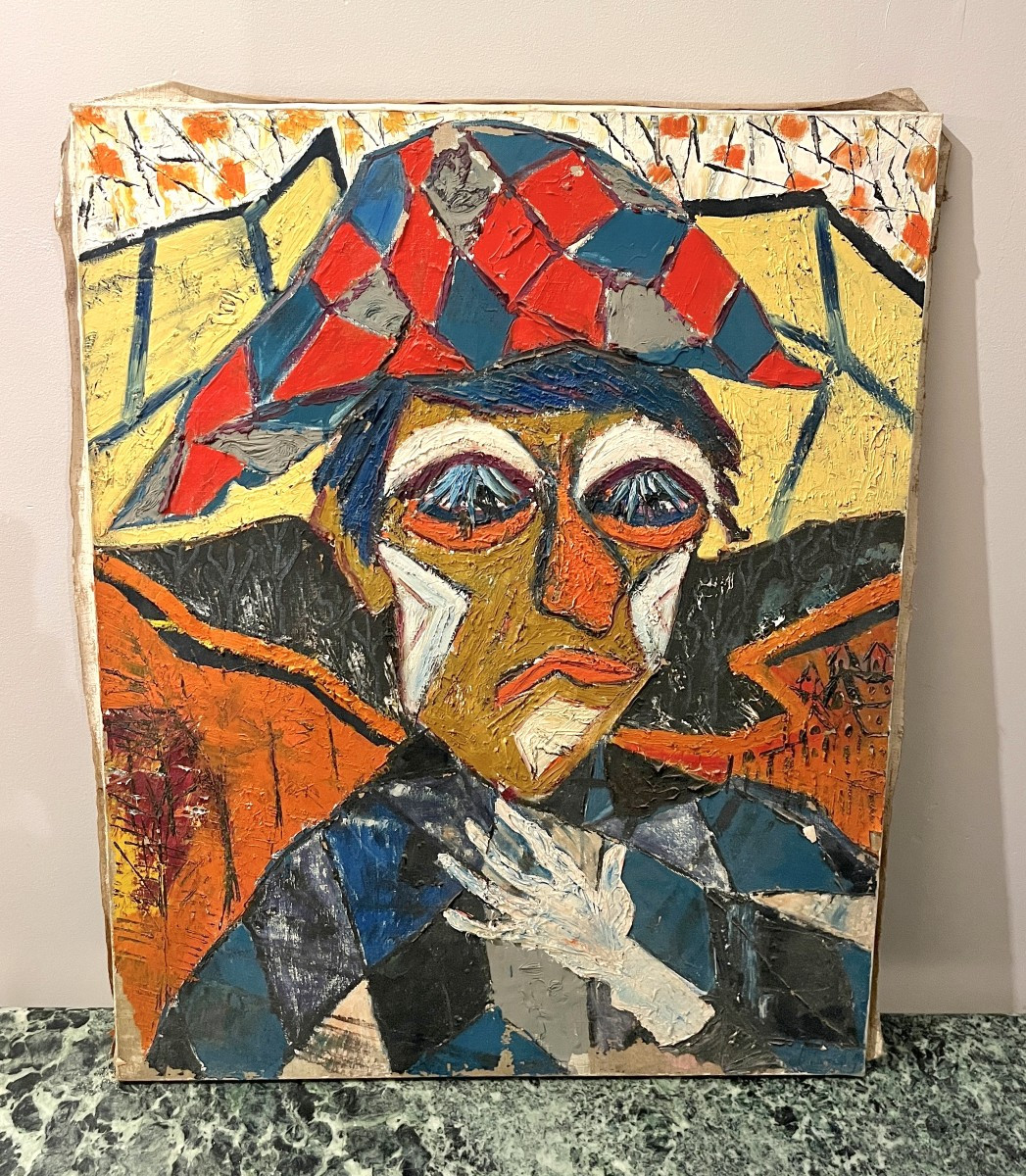 Caricature d'arlequin huile sur toile XXème
