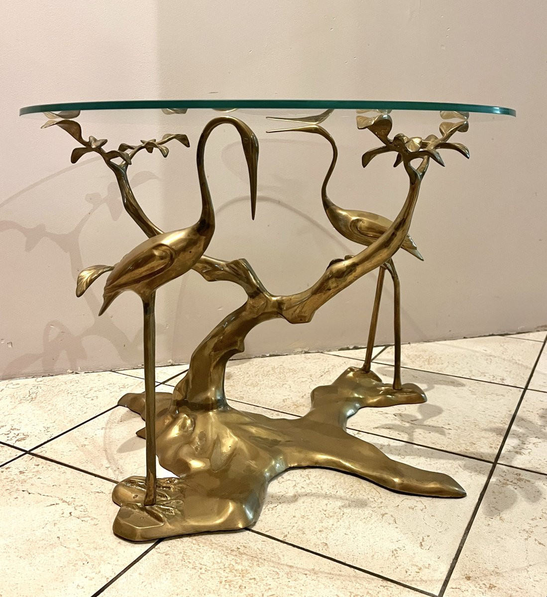 Coffee Table, Model With Cranes In Gilded Brass, Circa 1970-photo-2