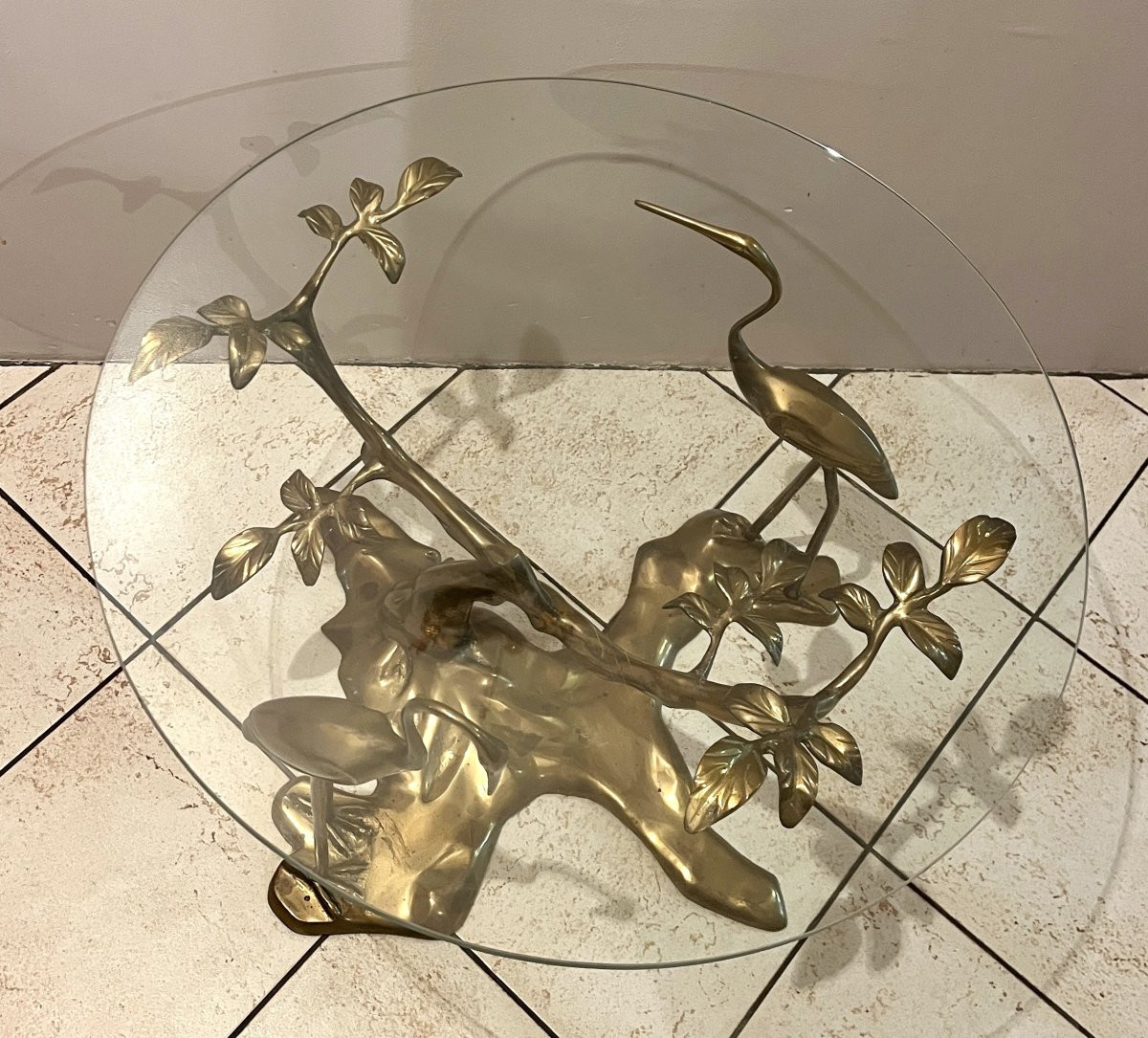 Coffee Table, Model With Cranes In Gilded Brass, Circa 1970-photo-1