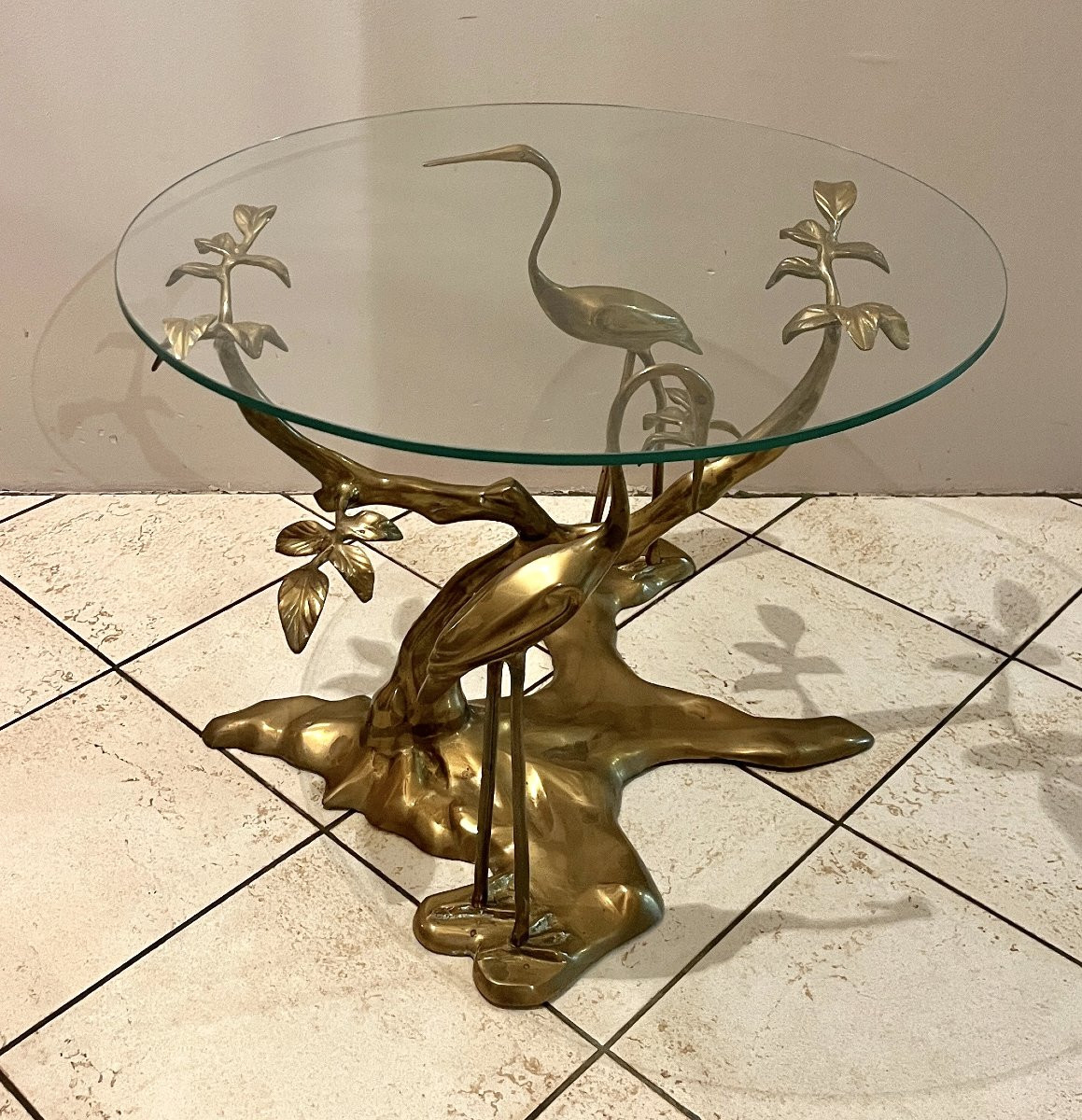 Coffee Table, Model With Cranes In Gilded Brass, Circa 1970-photo-2