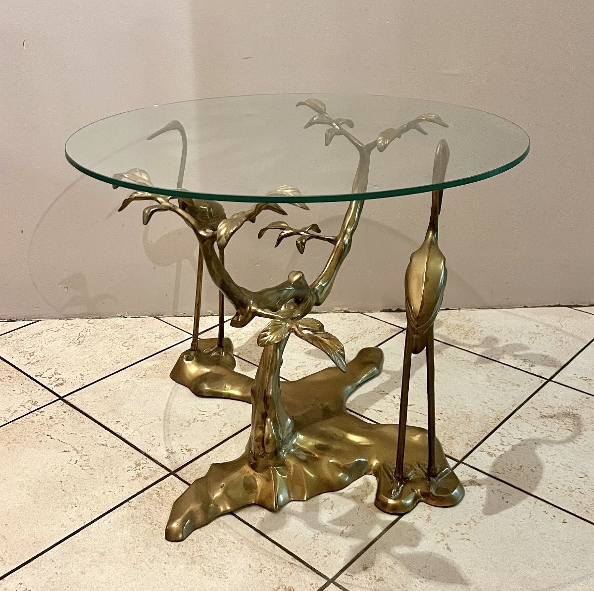 Coffee Table, Model With Cranes In Gilded Brass, Circa 1970-photo-3