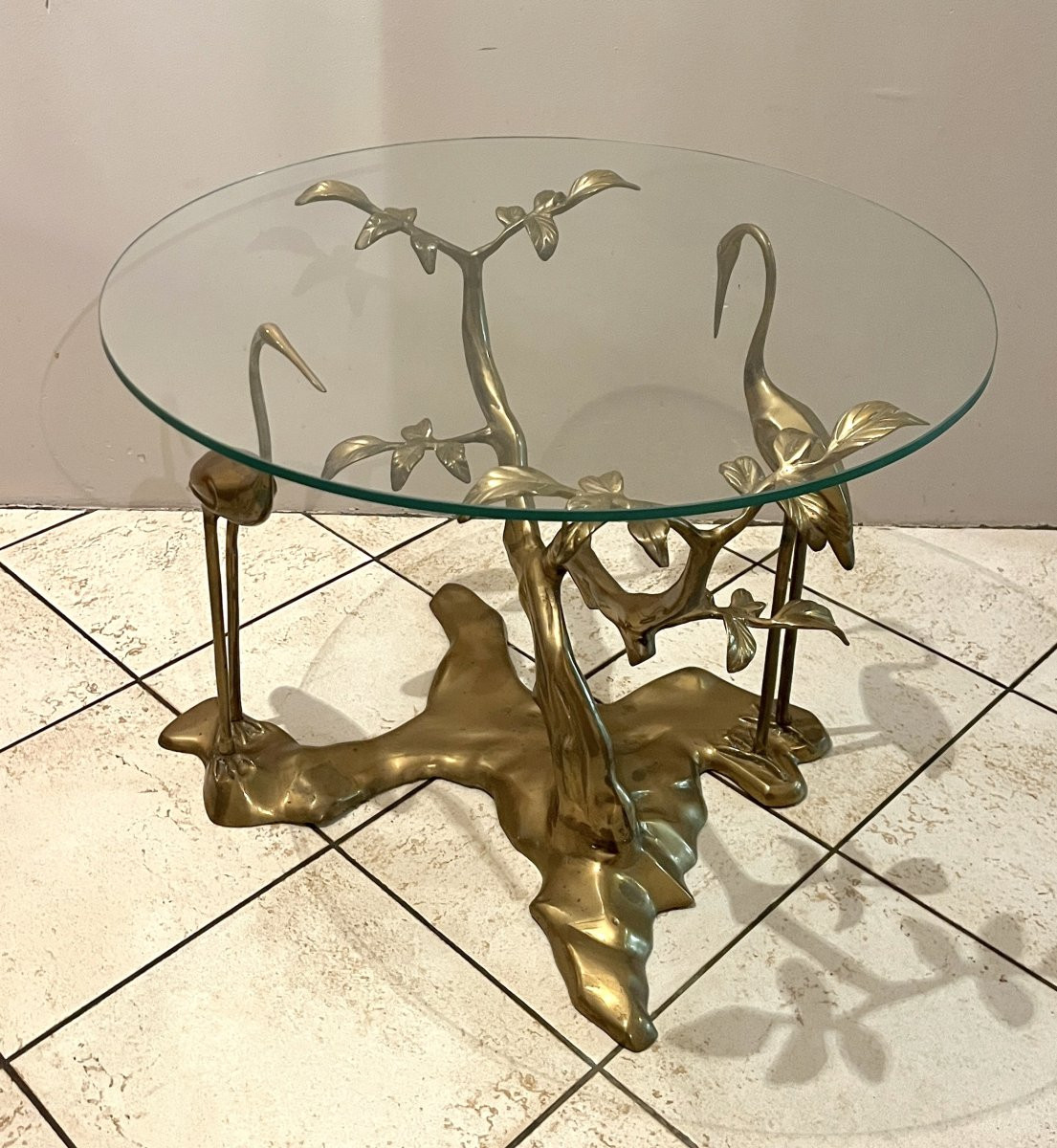 Coffee Table, Model With Cranes In Gilded Brass, Circa 1970-photo-4