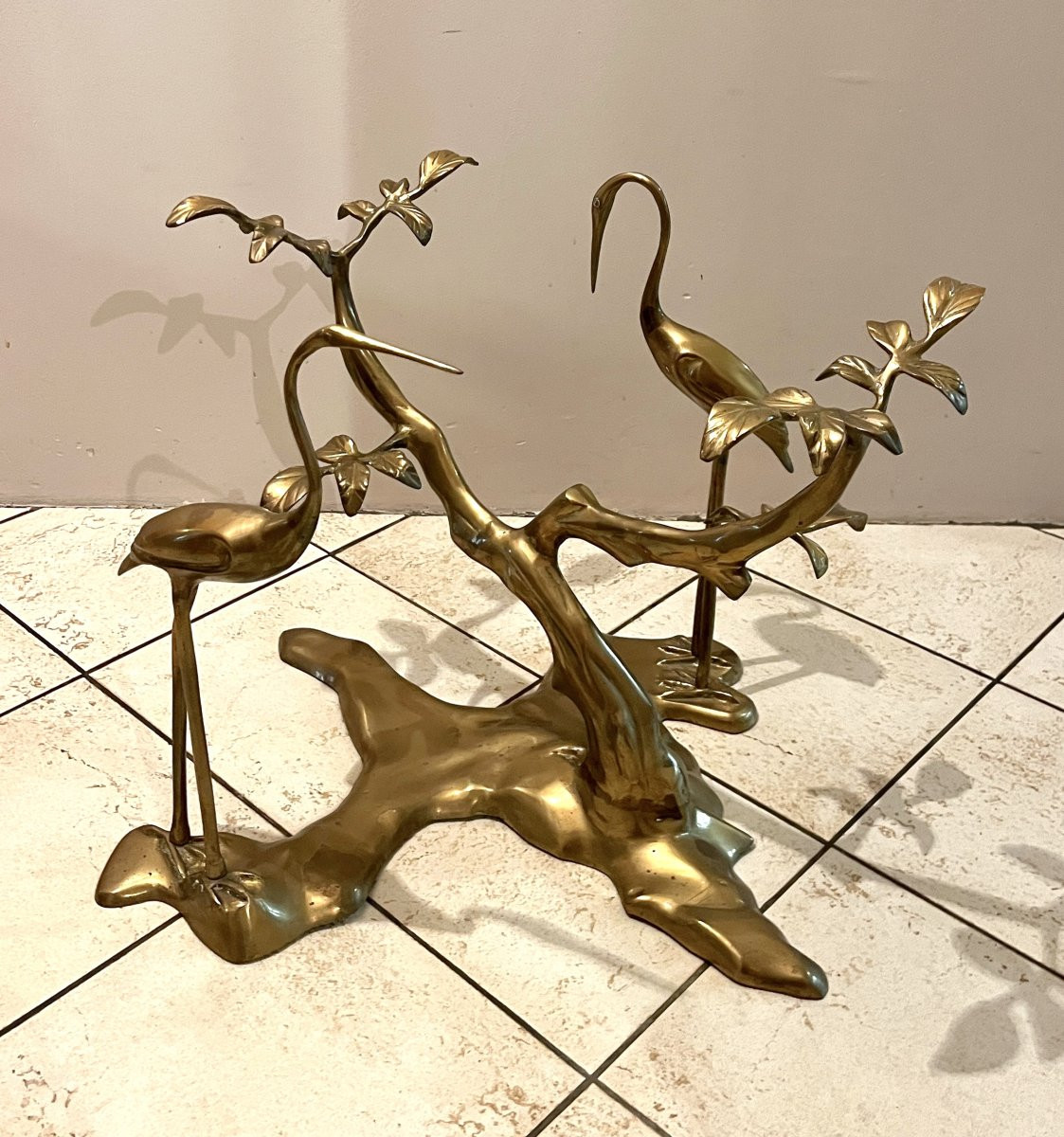 Coffee Table, Model With Cranes In Gilded Brass, Circa 1970-photo-5