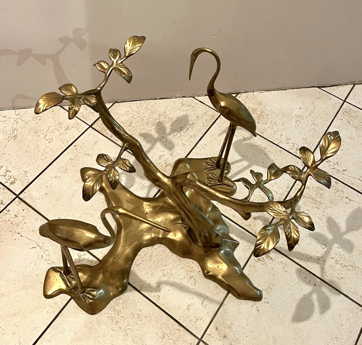 Coffee Table, Model With Cranes In Gilded Brass, Circa 1970-photo-6