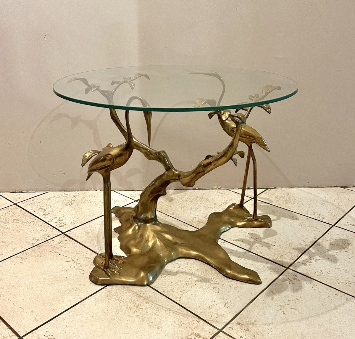 Coffee Table, Model With Cranes In Gilded Brass, Circa 1970