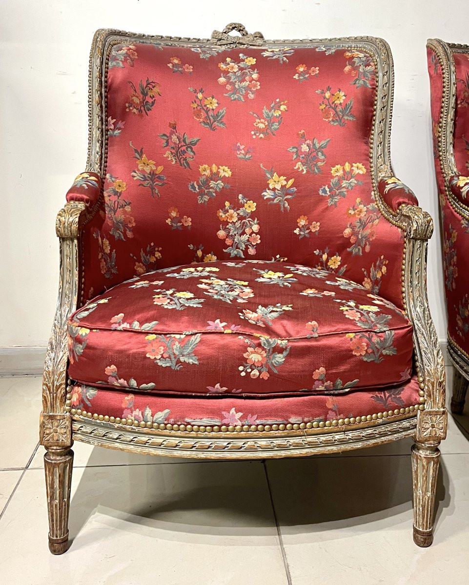 Paire de bergères rechampi Louis XVI-photo-2