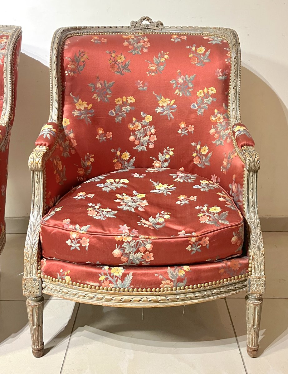 Paire de bergères rechampi Louis XVI-photo-3