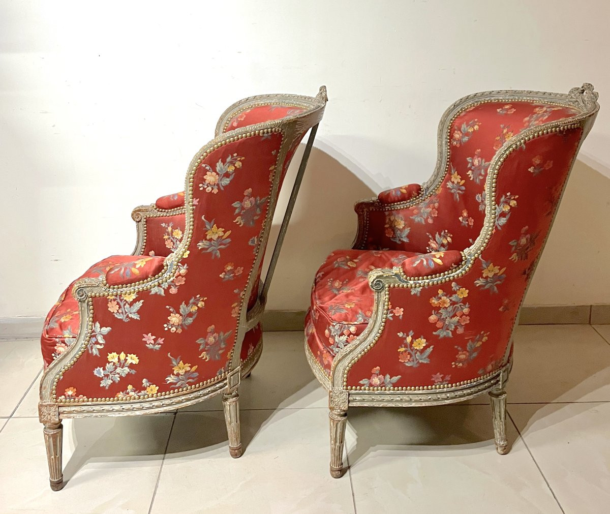 Paire de bergères rechampi Louis XVI-photo-4