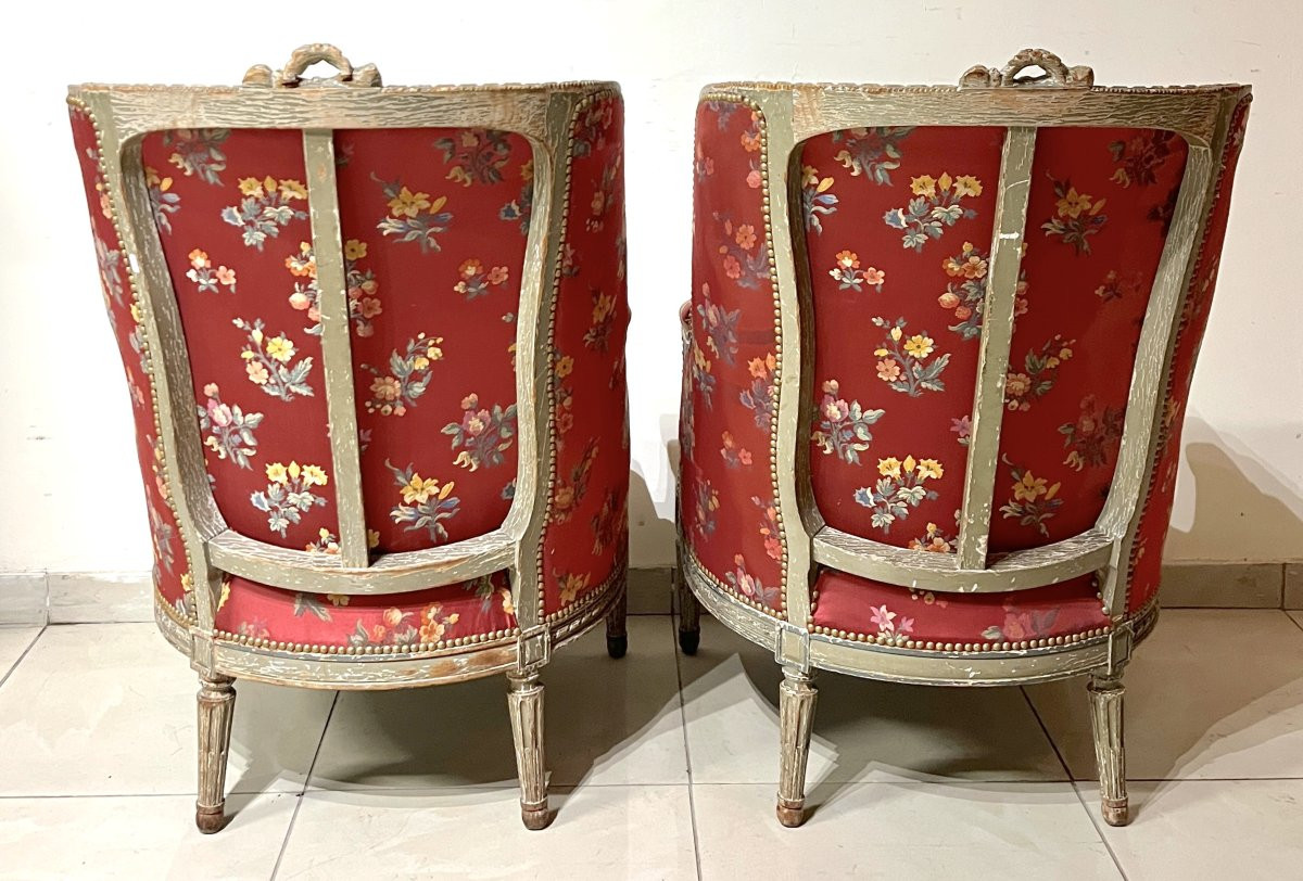 Paire de bergères rechampi Louis XVI-photo-4