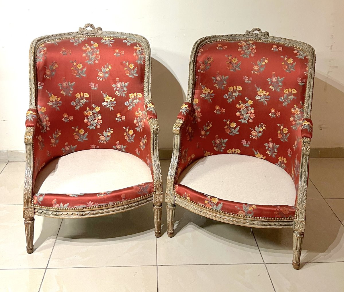 Paire de bergères rechampi Louis XVI-photo-7