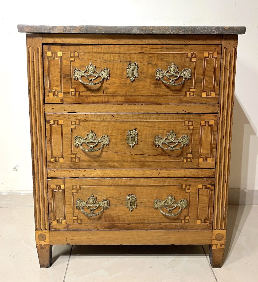 Petite commode en marqueterie époque Louis XVI, XVIIIème siècle-photo-4