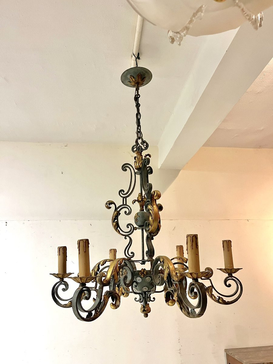 Grand lustre en fer forgé patiné année 1940-1950-photo-1