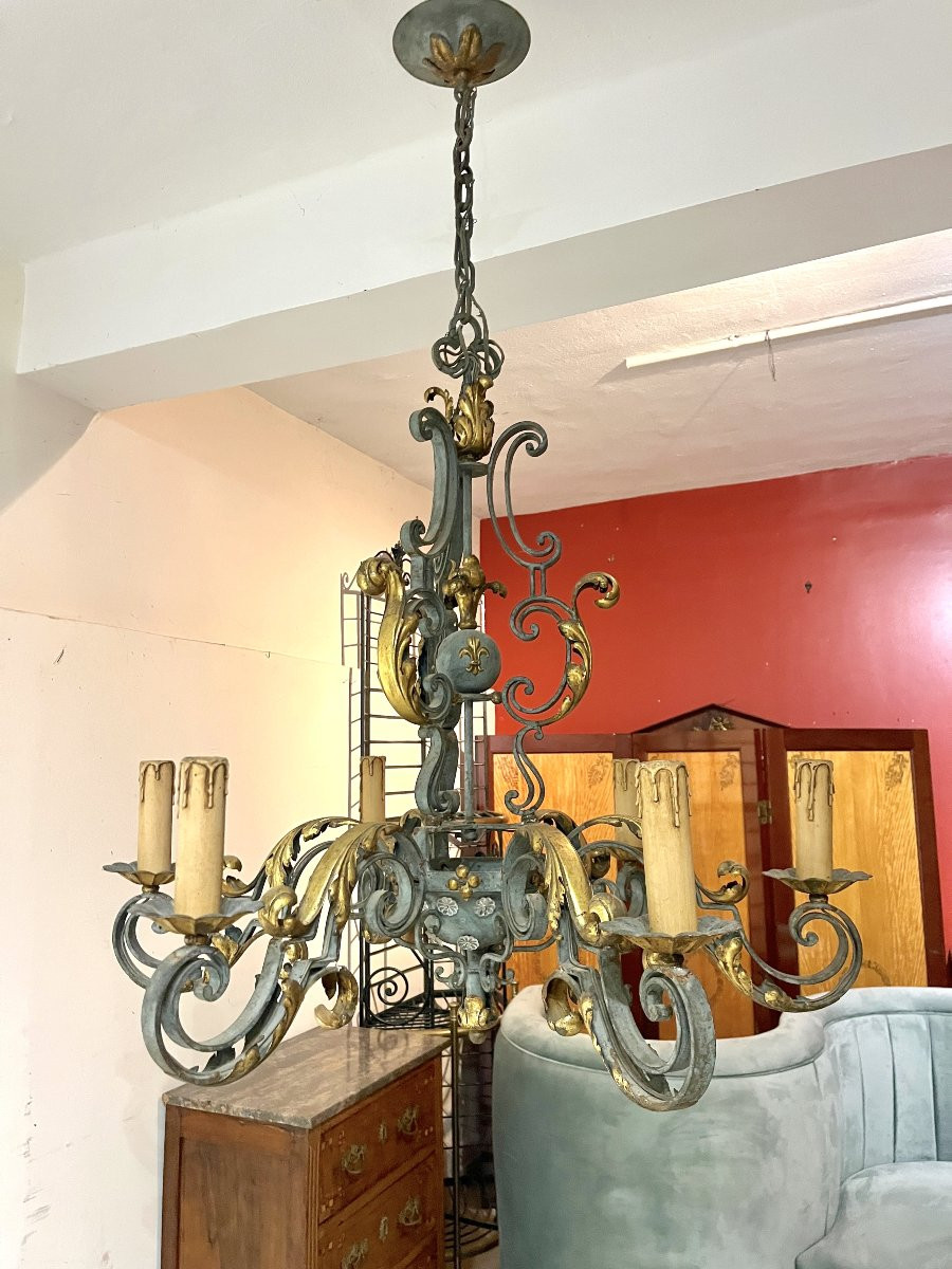 Grand lustre en fer forgé patiné année 1940-1950-photo-2