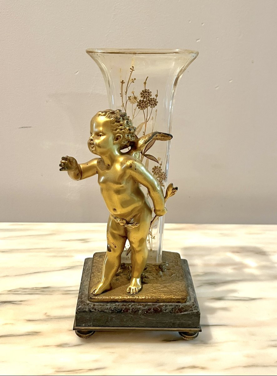 Louis Kley paire de vases cupidon et fillette en bronze doré et cristal gravé-photo-2