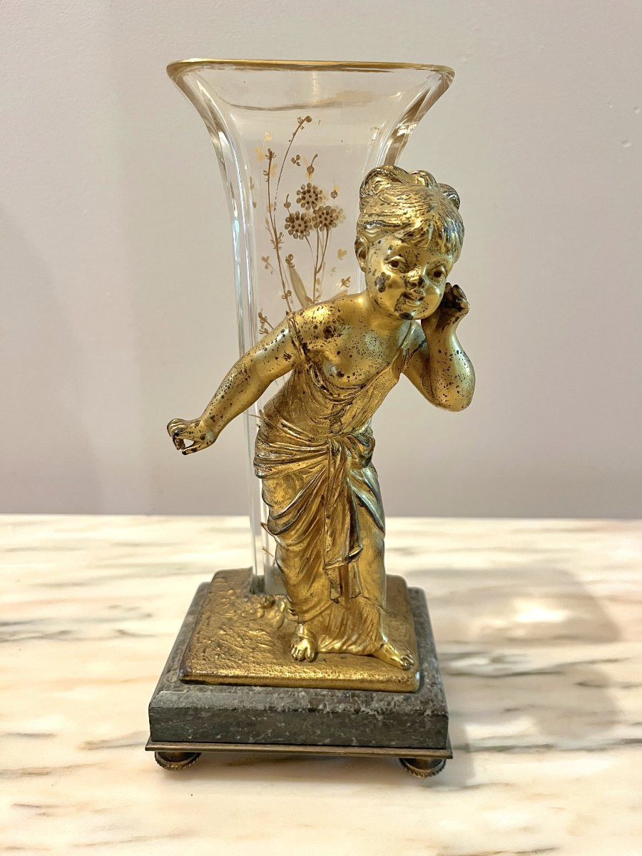 Louis Kley paire de vases cupidon et fillette en bronze doré et cristal gravé-photo-3