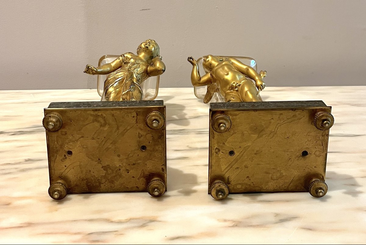 Louis Kley paire de vases cupidon et fillette en bronze doré et cristal gravé-photo-5