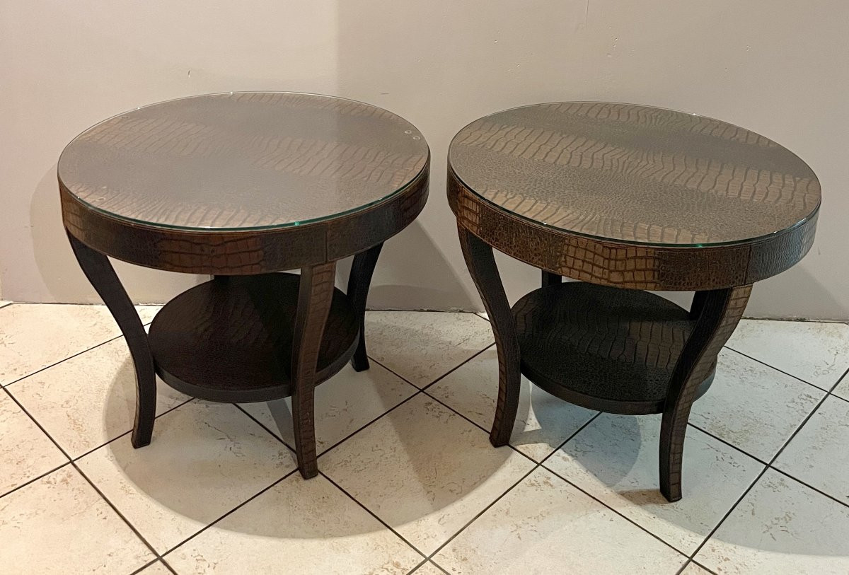 Paire de bouts de canapé en simili-cuir croco marron-photo-2