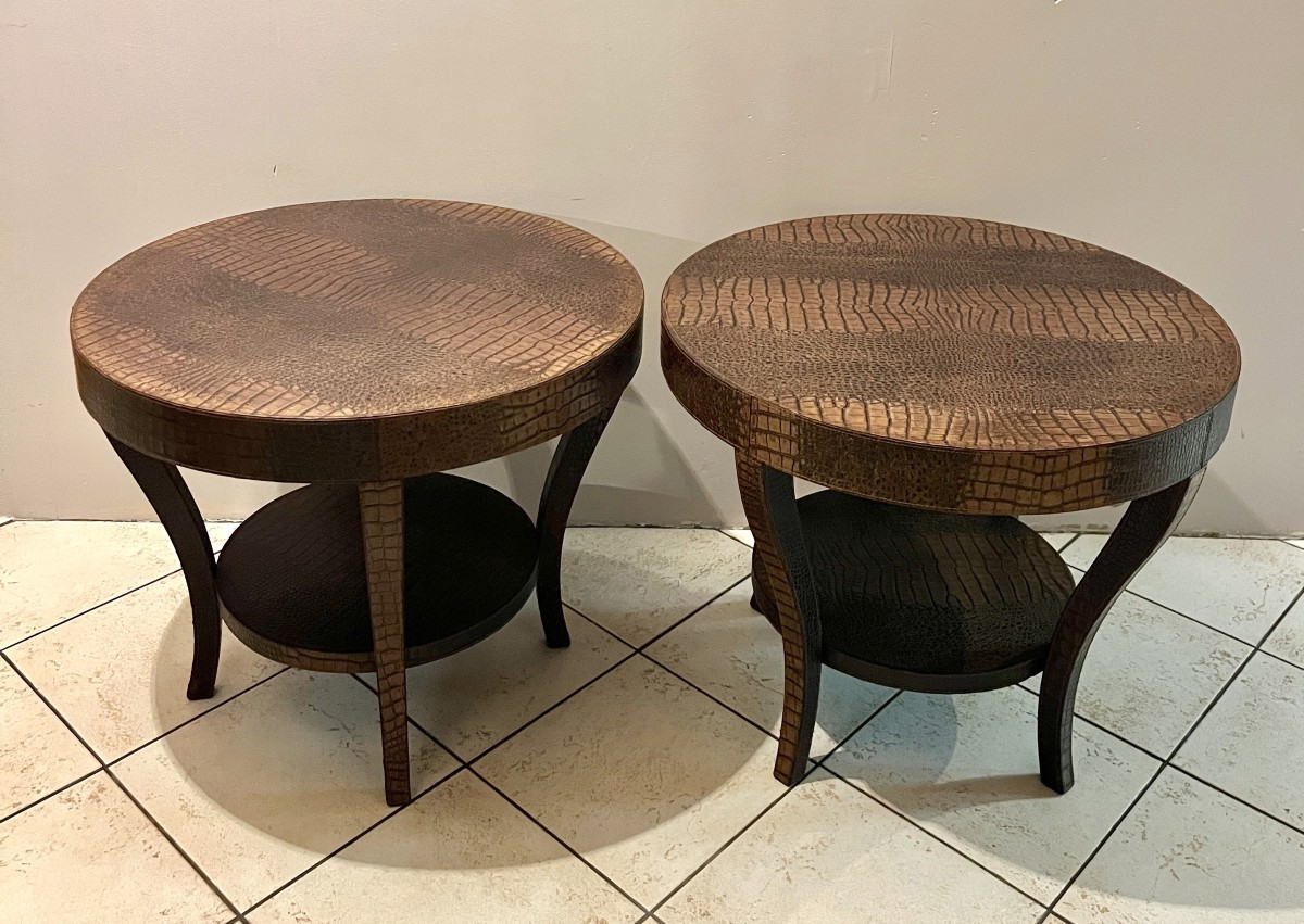 Paire de bouts de canapé en simili-cuir croco marron