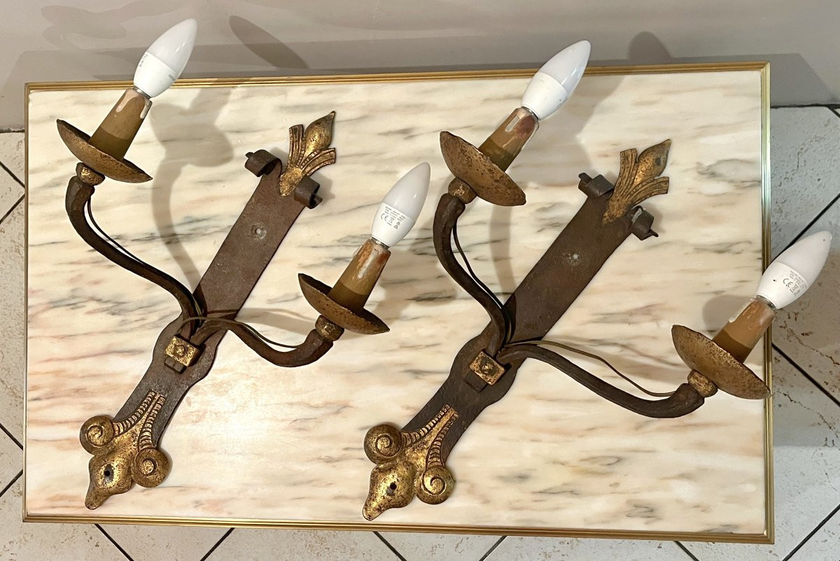 Pair Of Two-arm Wrought-iron Sconces-photo-2
