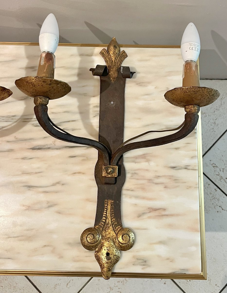 Pair Of Two-arm Wrought-iron Sconces-photo-3