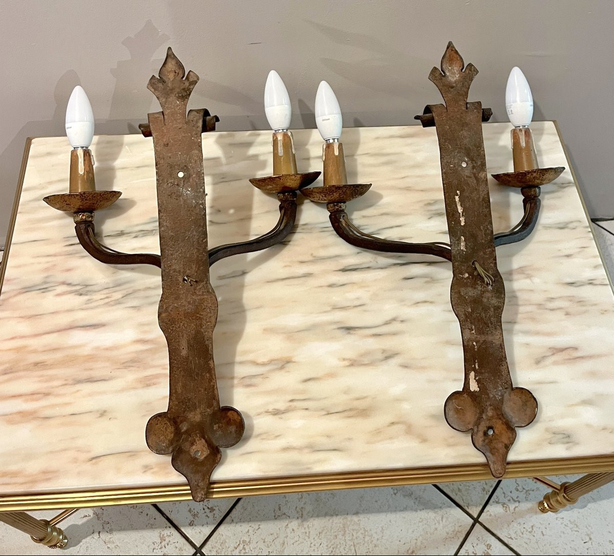 Pair Of Two-arm Wrought-iron Sconces-photo-8