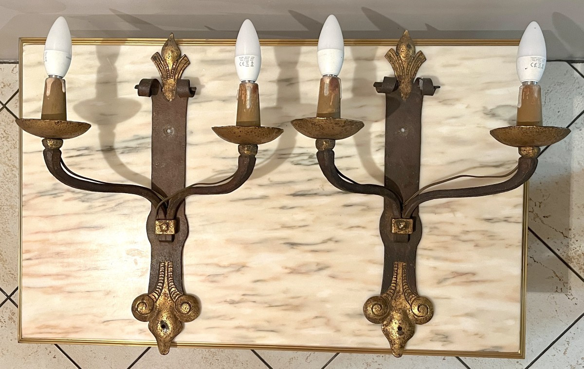 Pair Of Two-arm Wrought-iron Sconces