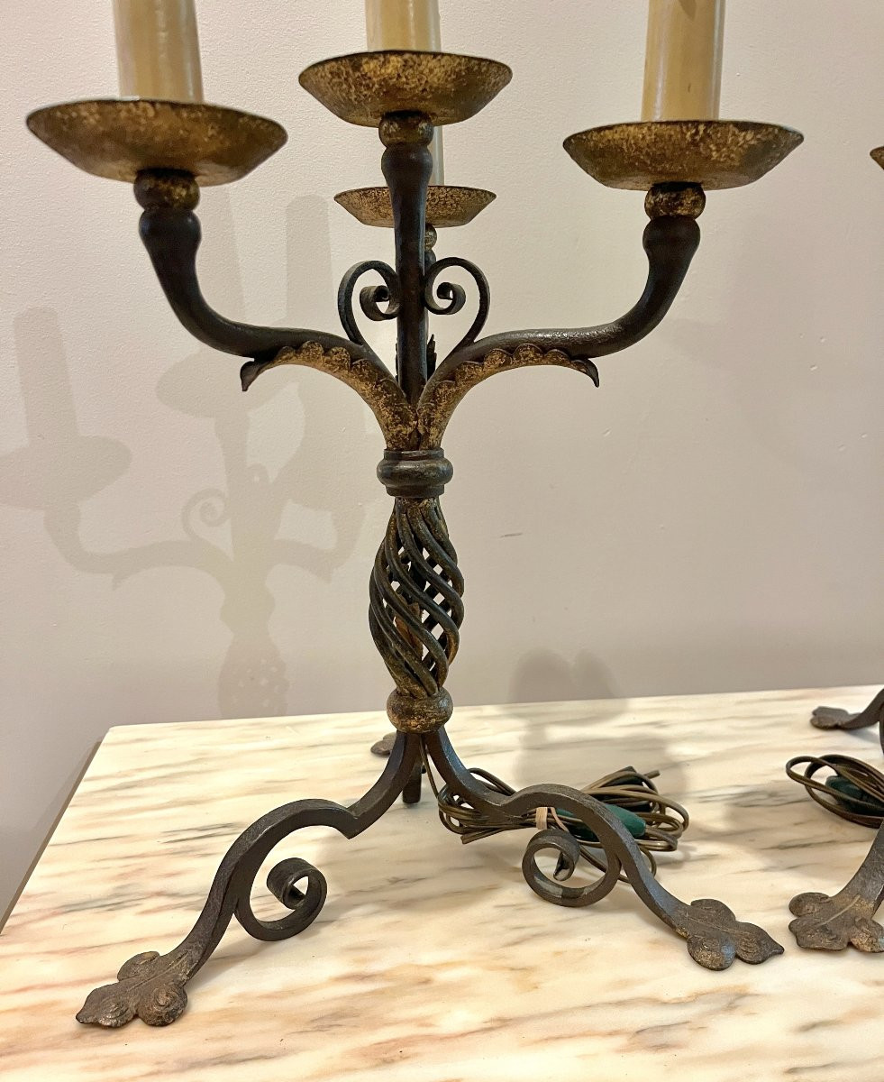 Paire de candélabres/chandeliers fer forgé patiné-photo-1