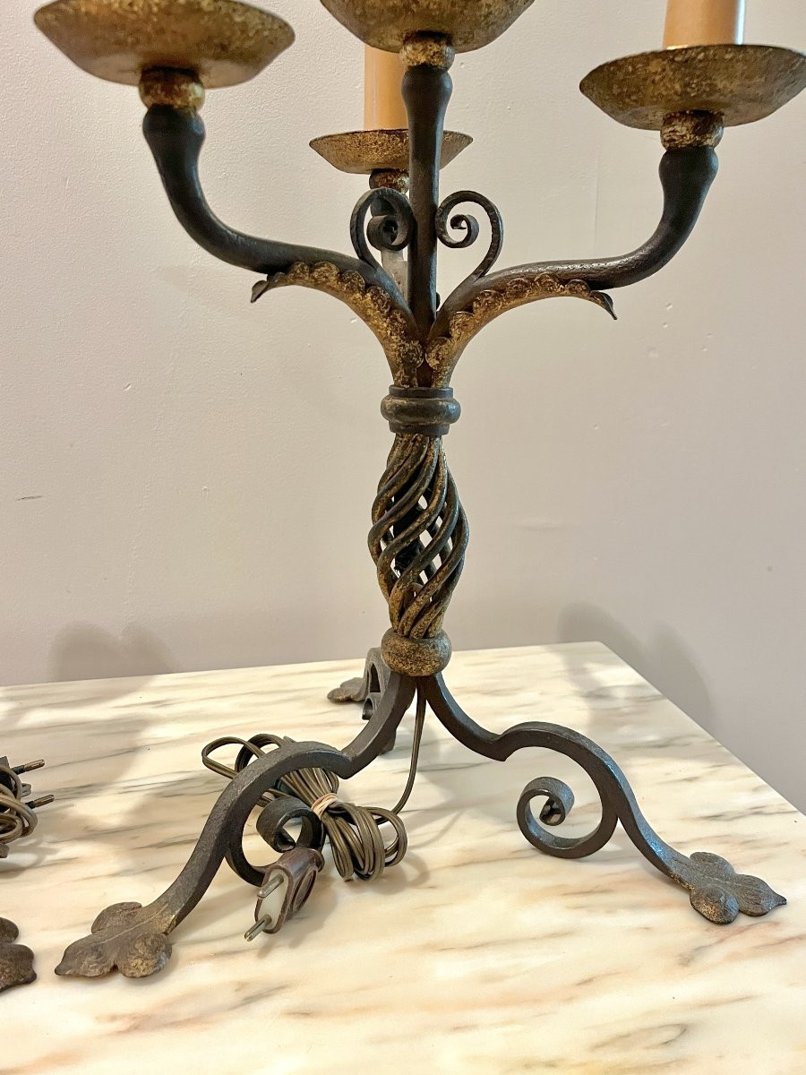 Paire de candélabres/chandeliers fer forgé patiné-photo-3
