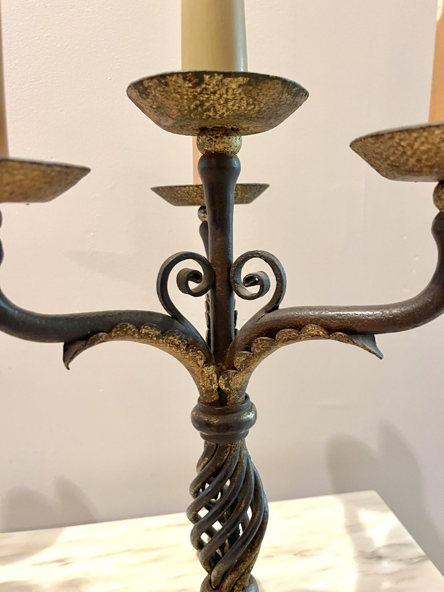 Paire de candélabres/chandeliers fer forgé patiné-photo-5