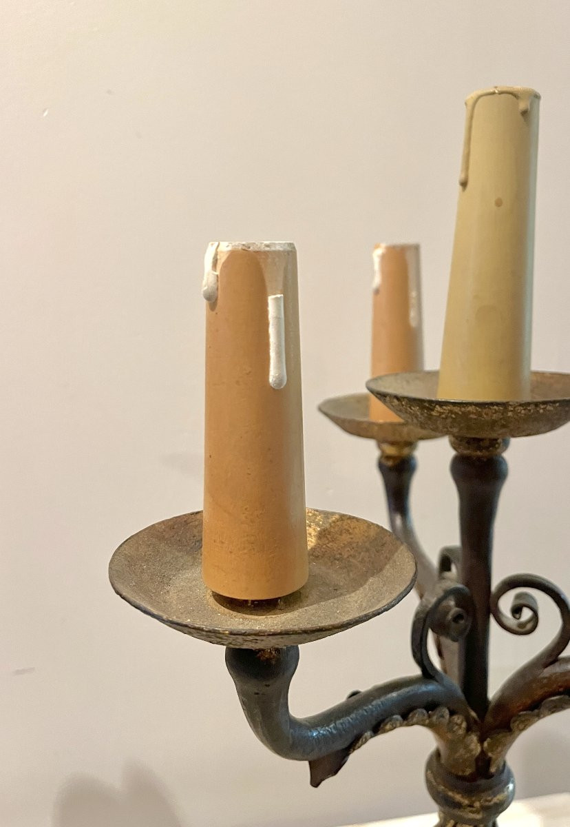 Paire de candélabres/chandeliers fer forgé patiné-photo-7