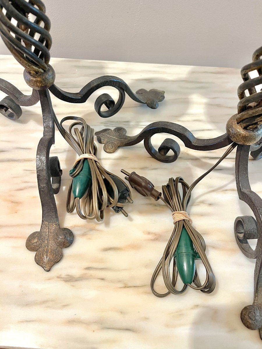 Paire de candélabres/chandeliers fer forgé patiné-photo-8