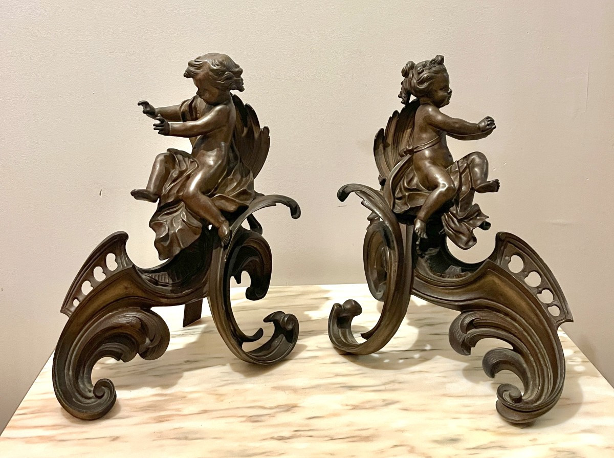 Paire de chenets bronze chérubin XIXème