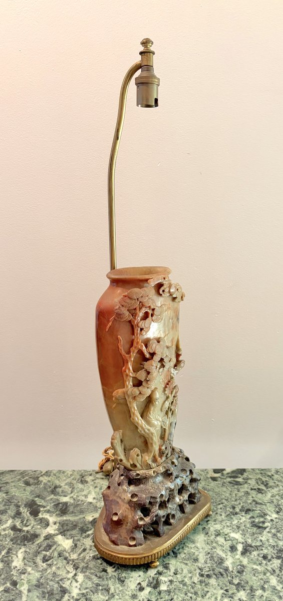 Chine XIXème Vase en pierre de lard monté en lampe-photo-2