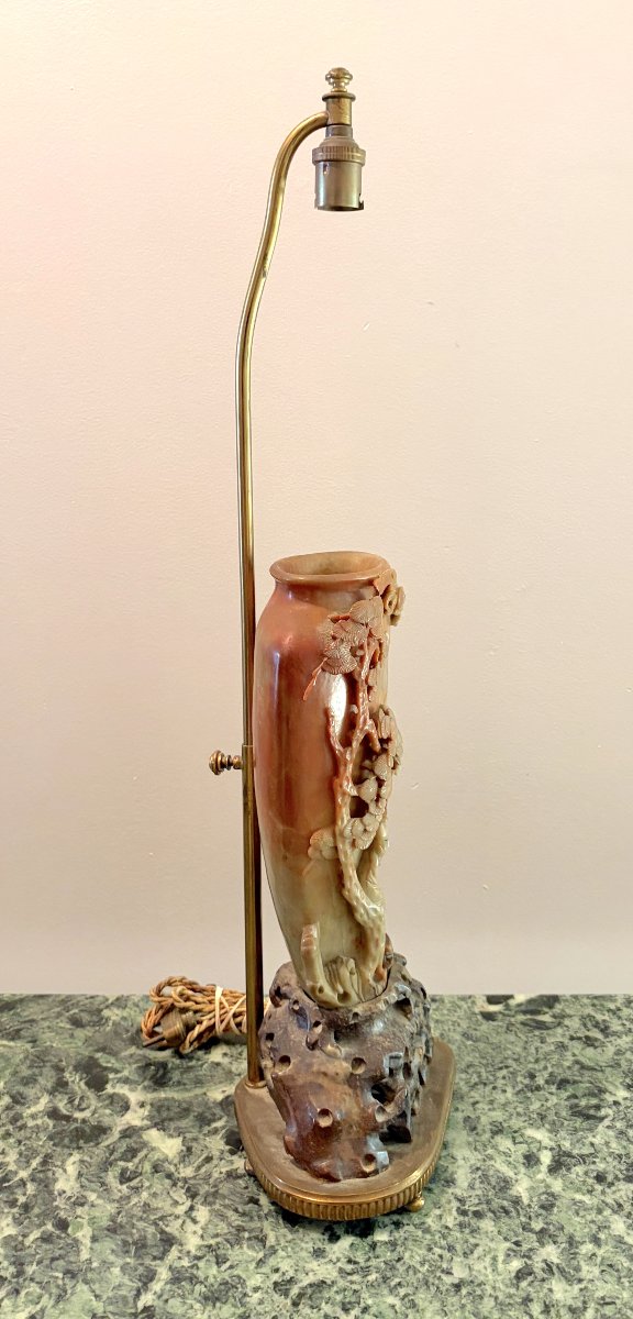Chine XIXème Vase en pierre de lard monté en lampe-photo-3