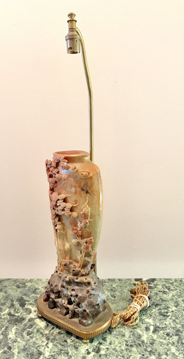 Chine XIXème Vase en pierre de lard monté en lampe-photo-2