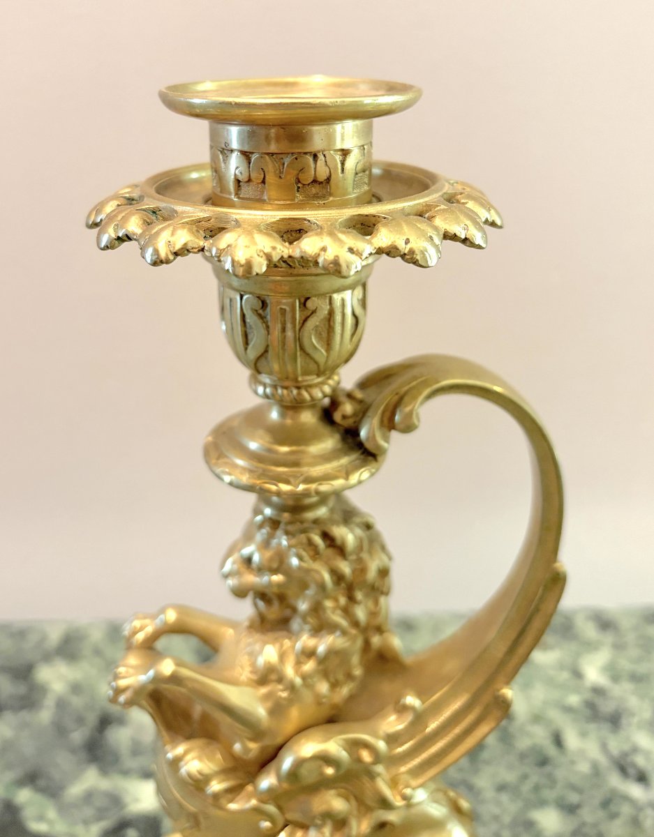Paire de bougeoirs lion bronze doré XIXème-photo-4