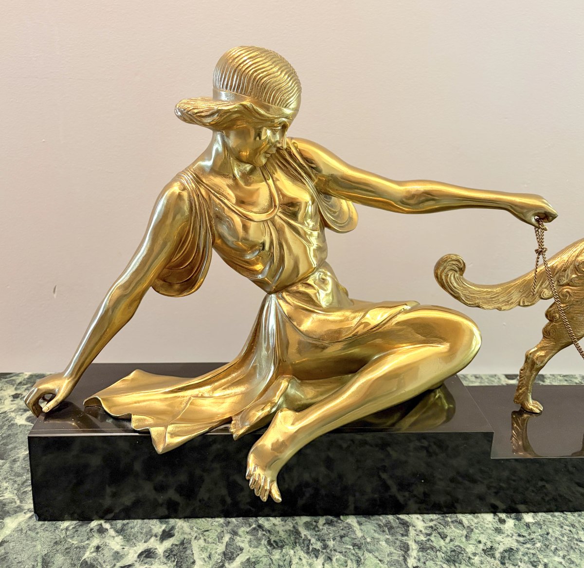 Art Deco Gilded Bronze Sculpture Of A Woman With A Greyhound-photo-2