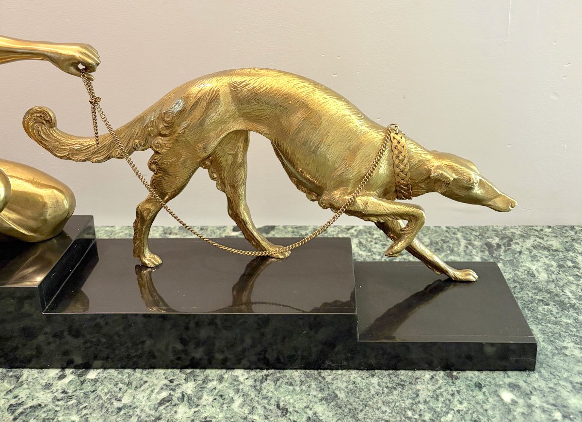Art Deco Gilded Bronze Sculpture Of A Woman With A Greyhound-photo-3