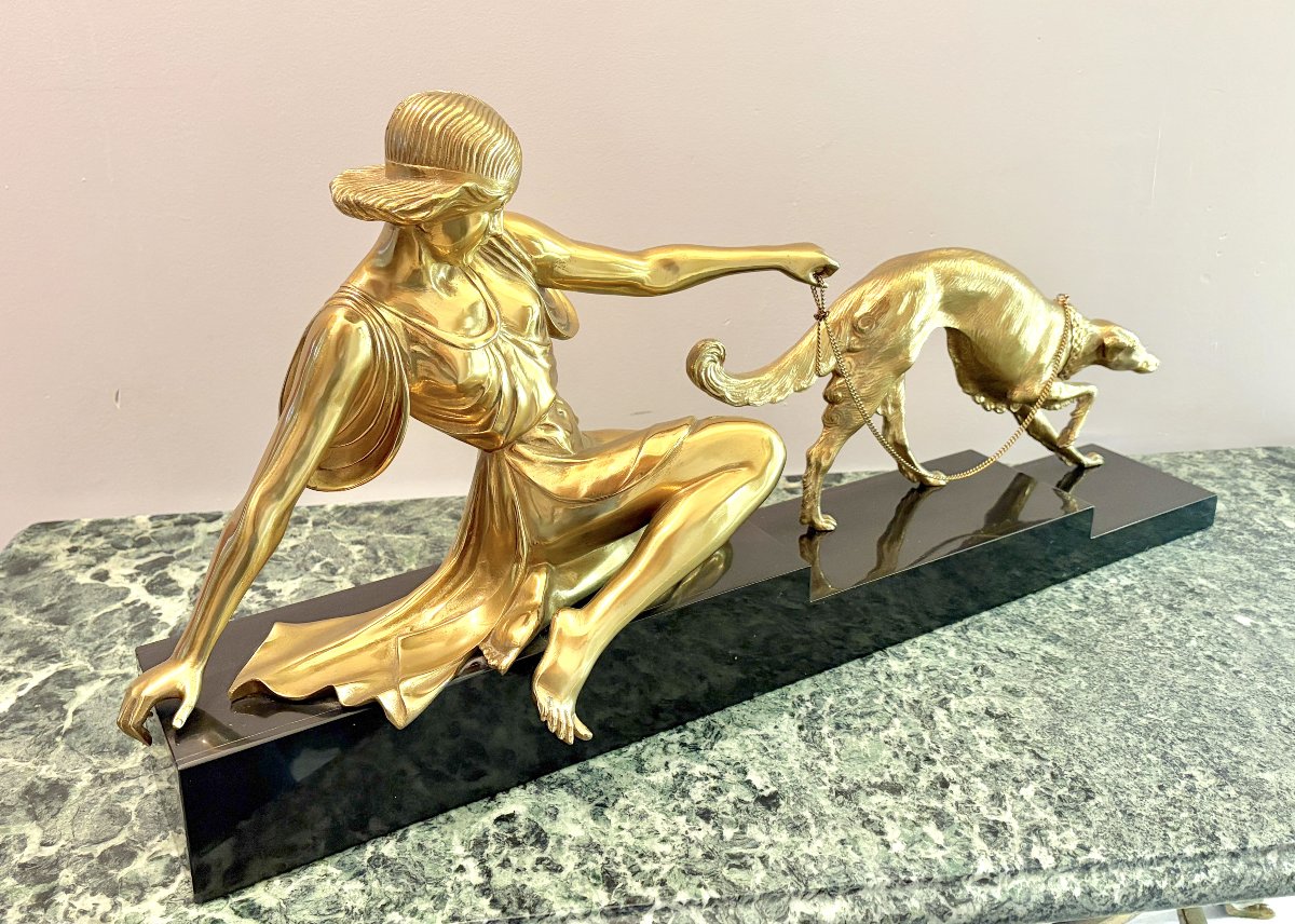 Art Deco Gilded Bronze Sculpture Of A Woman With A Greyhound-photo-2