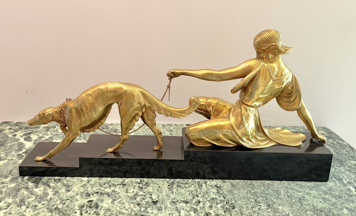 Art Deco Gilded Bronze Sculpture Of A Woman With A Greyhound-photo-3