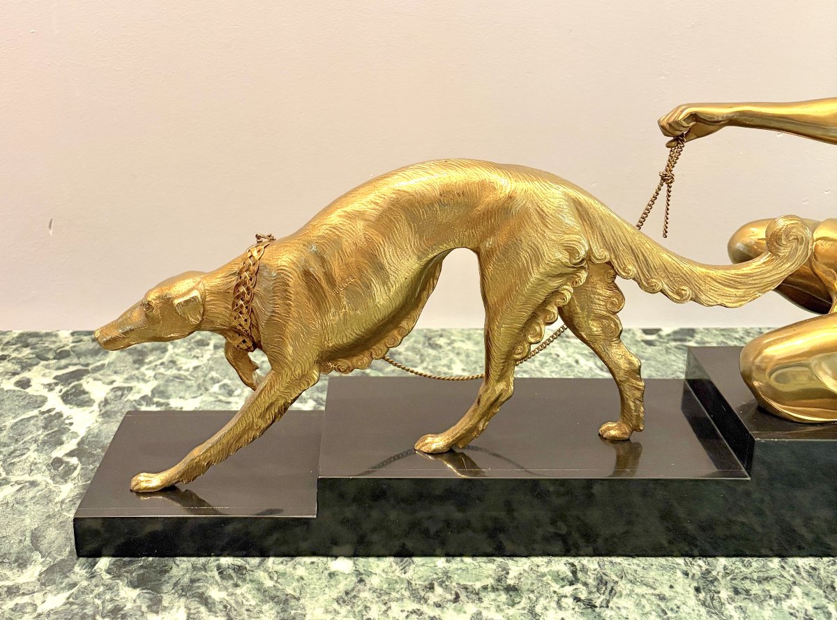 Art Deco Gilded Bronze Sculpture Of A Woman With A Greyhound-photo-5