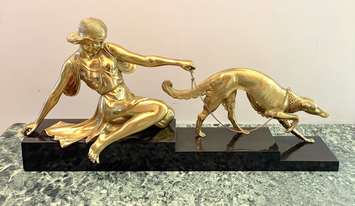 Art Deco Gilded Bronze Sculpture Of A Woman With A Greyhound