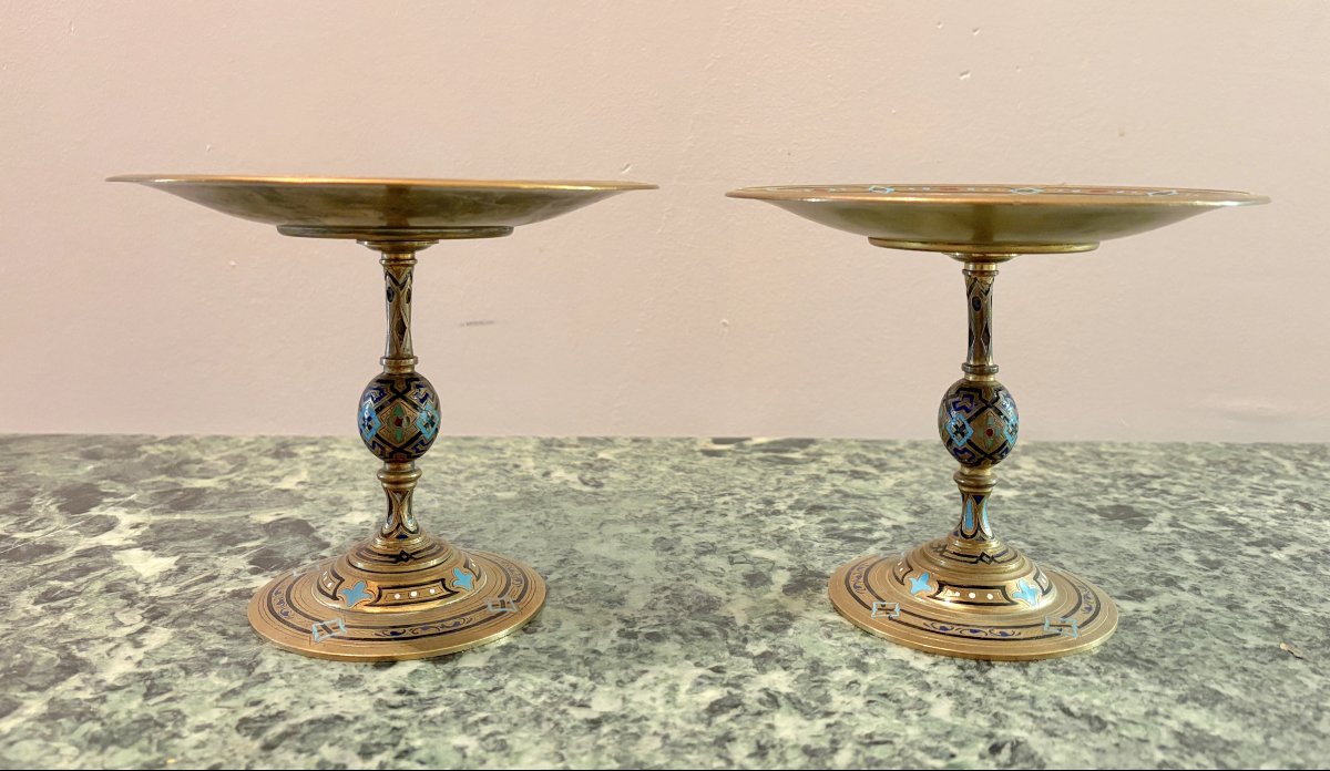 Paire de coupes en bronze et émaux cloisonnés XIXème-photo-3