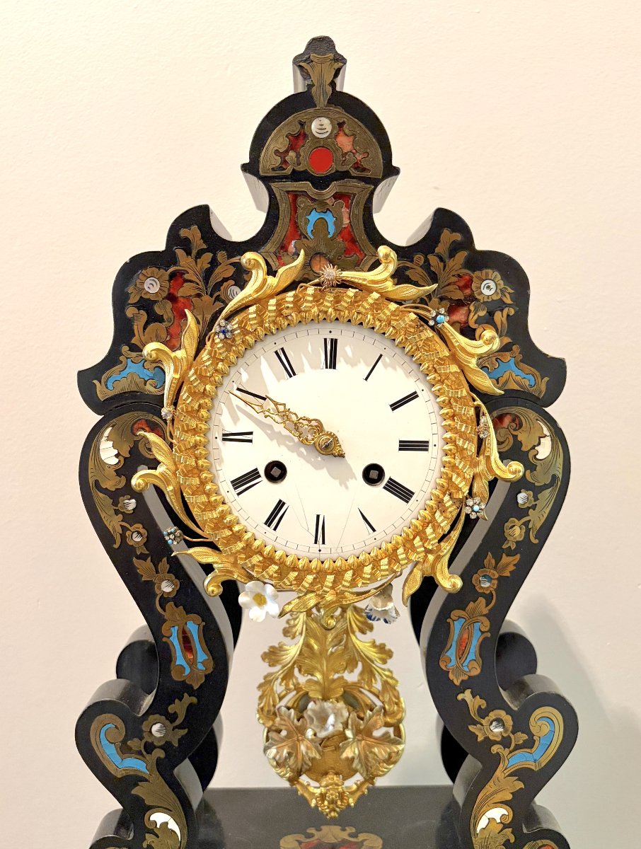 Pendule portique en marqueterie époque Napoléon III-photo-4