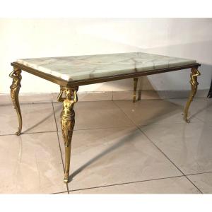 Bronze Coffee Table With Women Decor As Table Legs And  Onyx Top