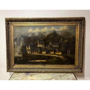 Tableau Chateau dans La Montagne, Huile Sur Toile cadre doré