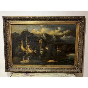 Tableau Chateau Au Paysage Montagneux, huile sur toile