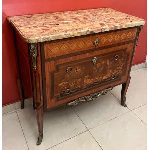  Chest Of Drawers Transition Style In Marquetry With An Aleph Breche Marble Top