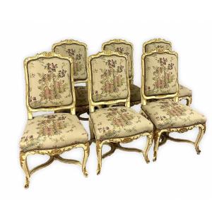 Set Of 6 Chair In Louis XV / Regency Style  In Beige Lacquered Wood And Gold Rechampi